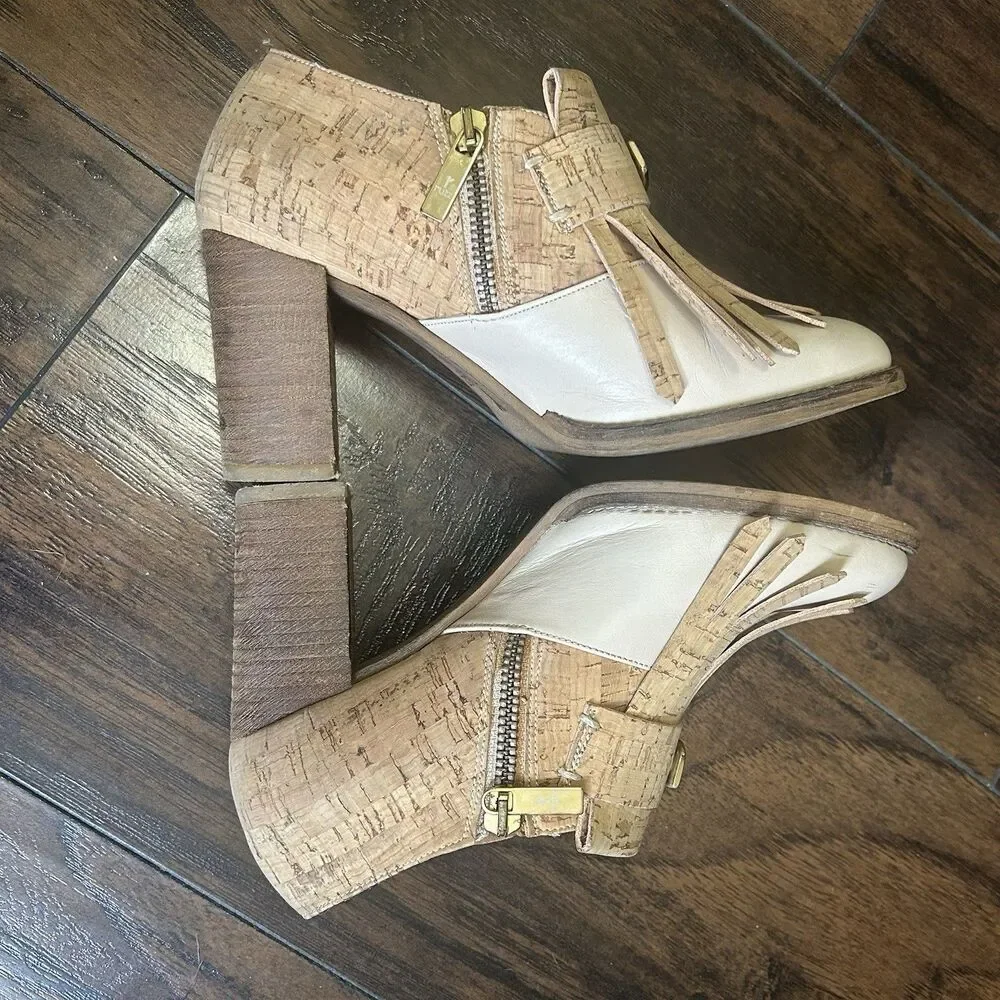 Rutz Walk in Cork Ankle Heel Boots Tan Fringe Womens 36 Side Zip
